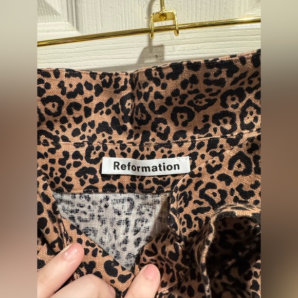 REFORMATION Jackie cropped belted leopard-print linen wide-leg pants Size 12 - Picture 4 of 6